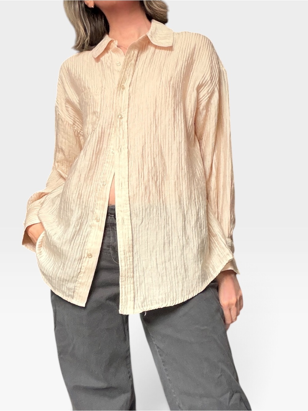 Anine Bing Cream Crinkled Button-Down Shirt Minimalist Neutral Quiet Luxury XS